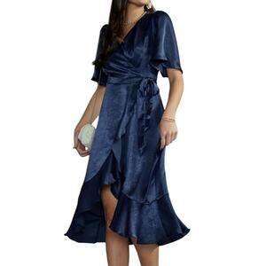 Audrey Parks Francesca’s Navy Blue Ruffle Satin Wrap Midi Dress - Sz XS - NWT